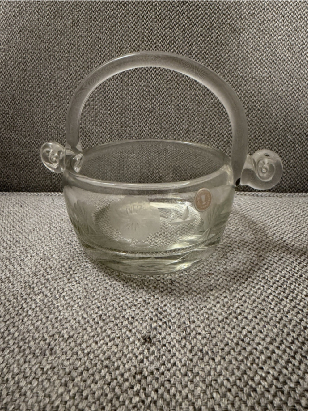 vintage hand-blown Romanian glass Round basket with an etched floral design